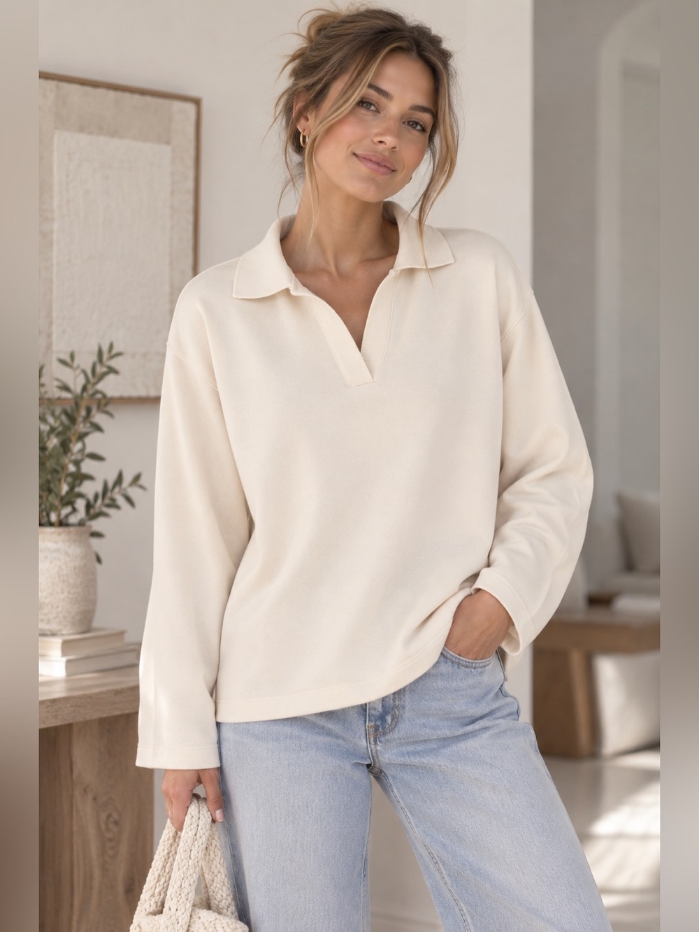 H&M Cream French Terry Collared V-Neck Sweatshirt Size Small Minimalist